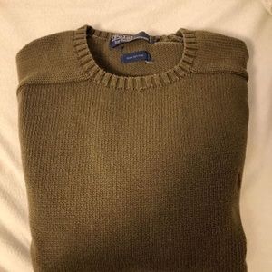 Polo Vintage Knit Cotton Crewneck Sweater with Saddle Shoulders - Olive Green -